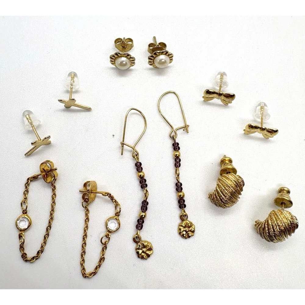 Vintage Lot of 6 Pairs Pierced Earrings Gold Tone Dangle Stud‎ Dainty Cross Bow